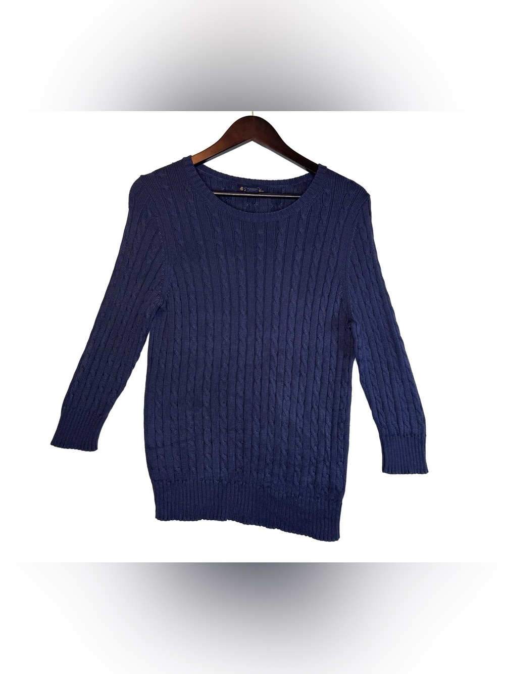 Brooks Brothers 100% Silk Cable Knit Sweater classic navy blue 3/4 sleeve sz Lg